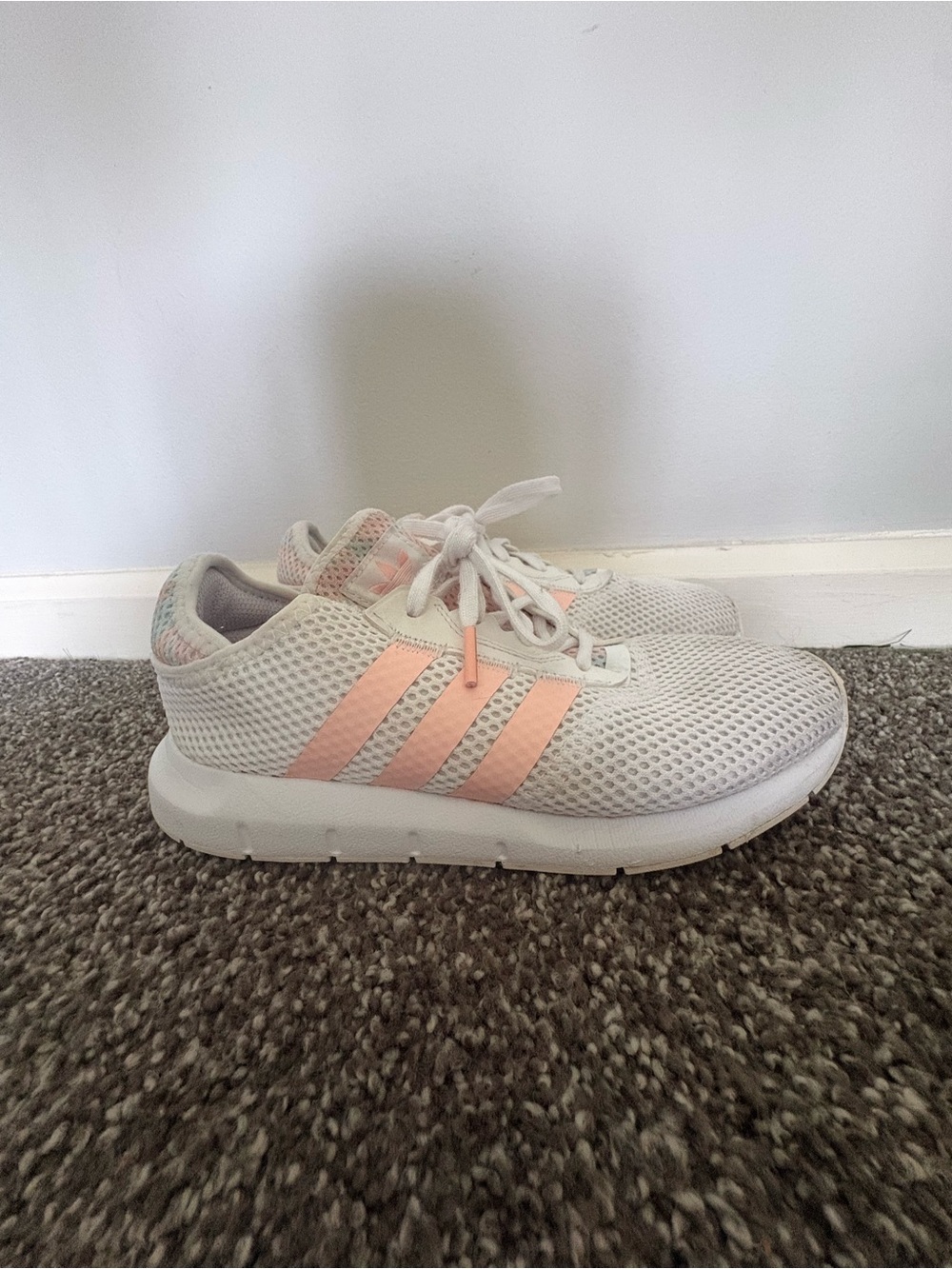 adidas Kids White Mesh Sneakers with Pink Stripe Accents